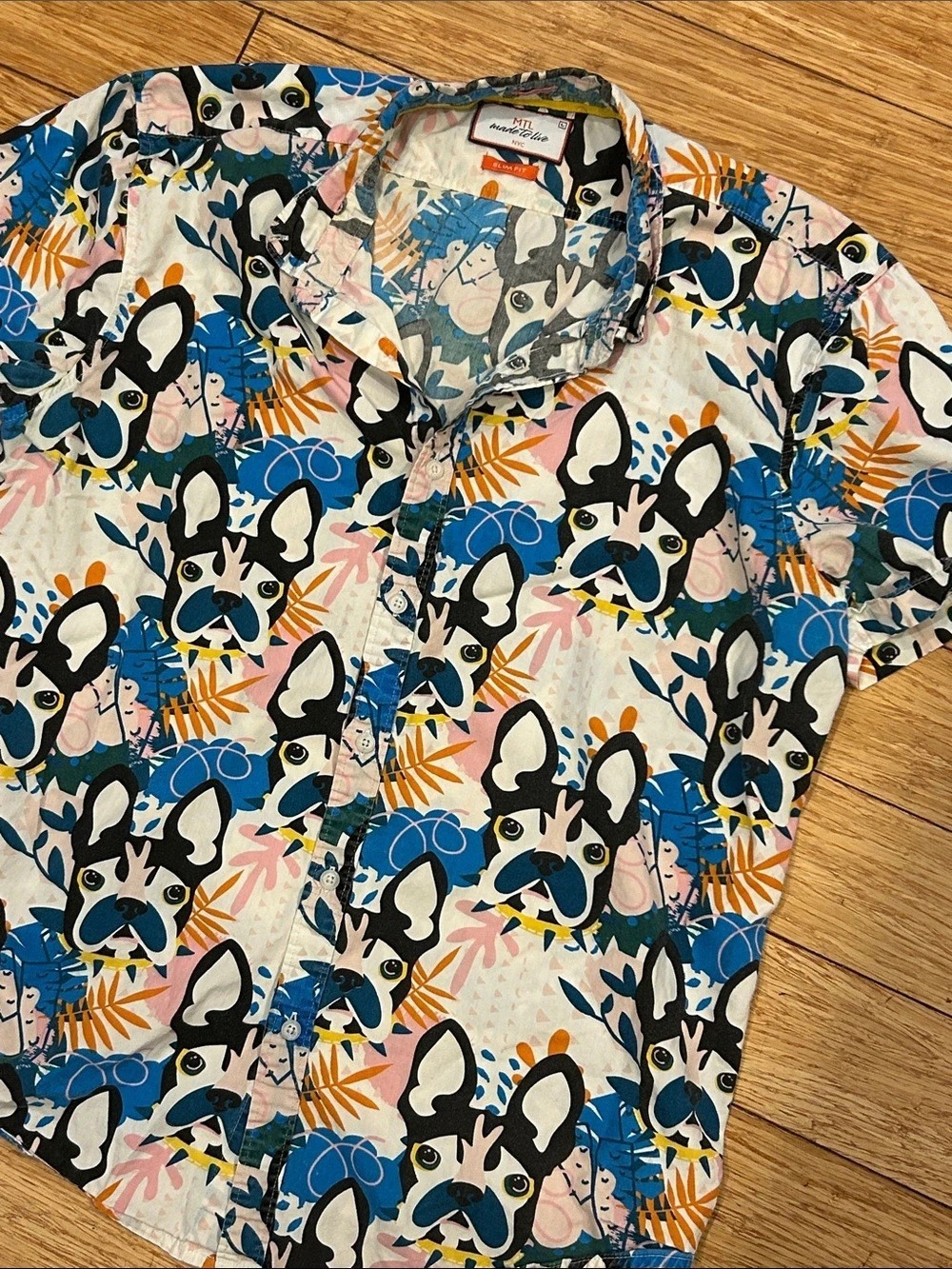 MTL Slim Fit French Bulldog Print Eclectic Grandpa Casual Shirt Size Large